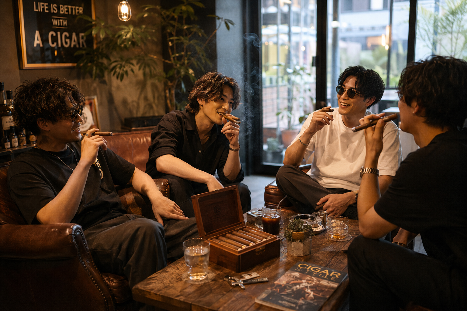 シガーラウンジで葉巻を楽しむ若者たち — LIFE IS BETTER WITH A CIGAR