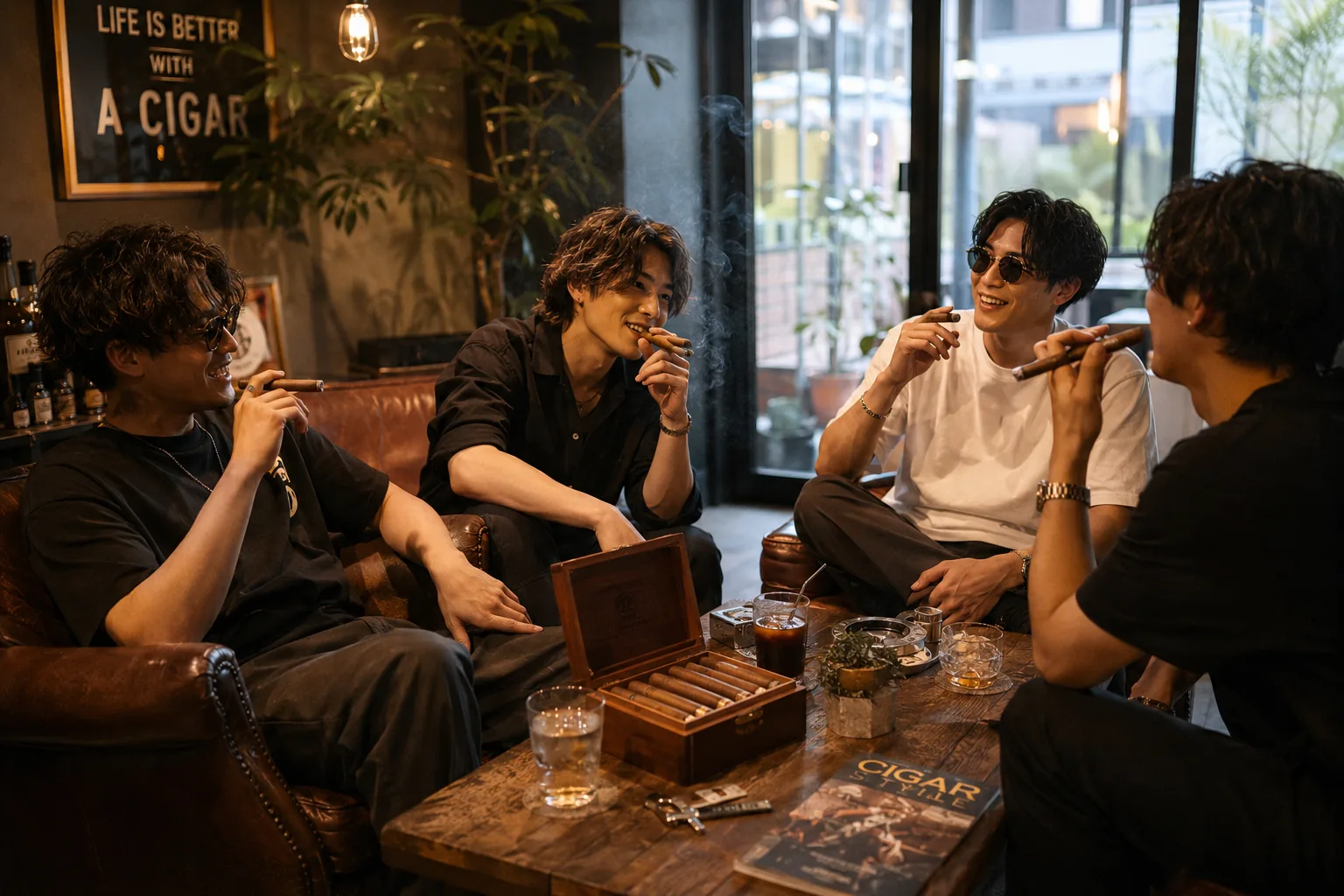 シガーラウンジで葉巻を楽しむ若者たち — LIFE IS BETTER WITH A CIGAR