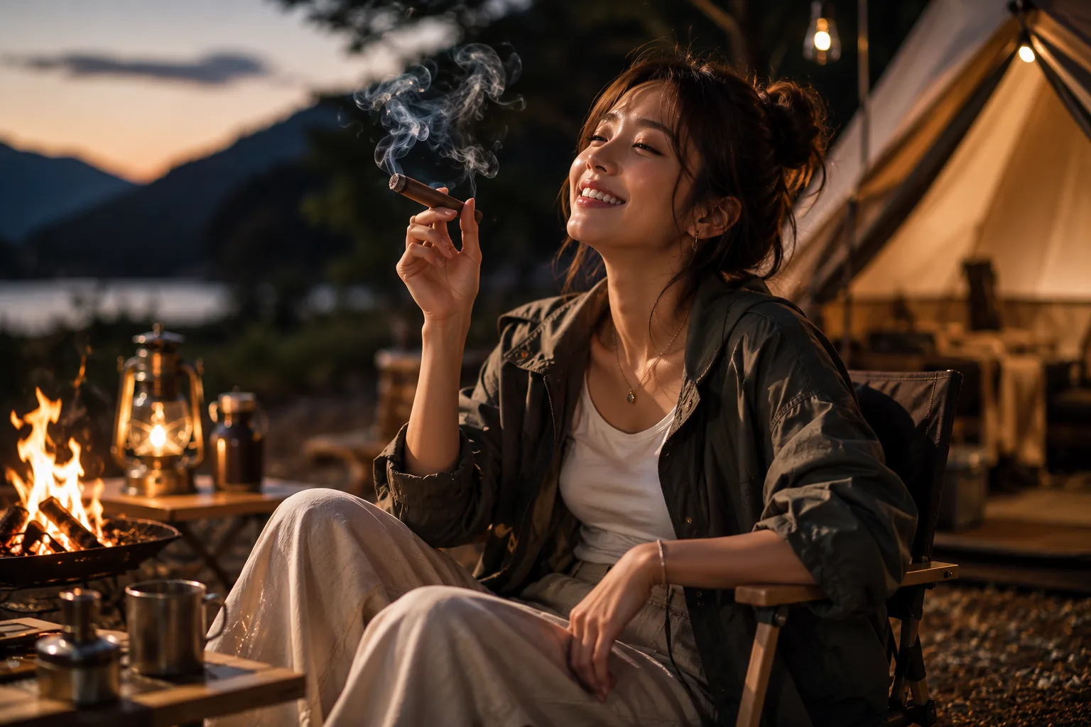焚き火のそばで葉巻をくゆらせ、くつろぐひととき